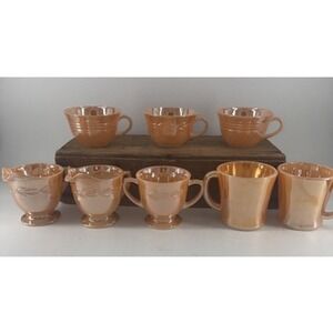 Fire‎ King Peach Lustre Laurel & 3 Band Patterns Tea Cup & Servers 8 Total VTG
